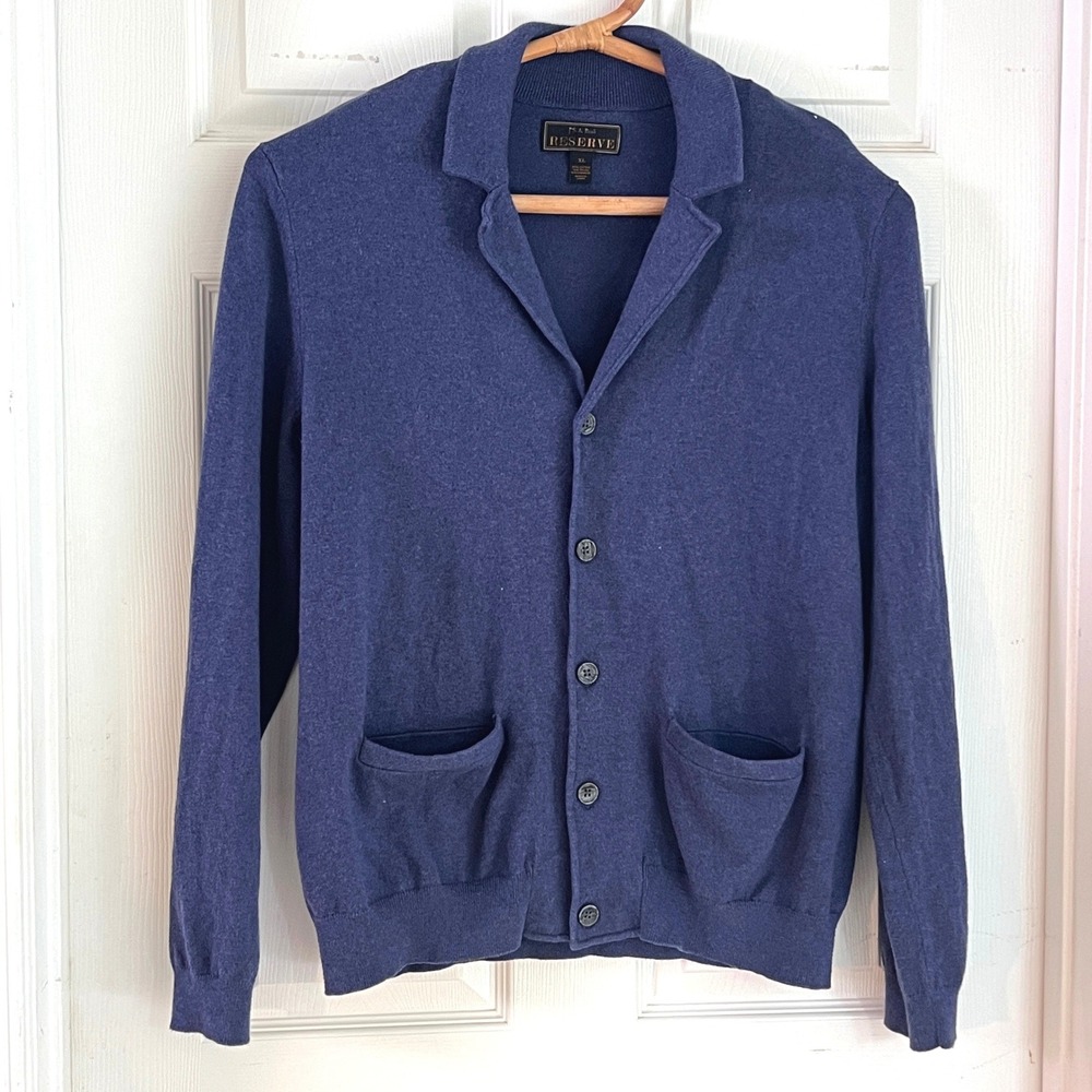 Jos. A. Bank Reserve Cardigan XL Mens Cashmere Blend Notch Collar Blue Sweater